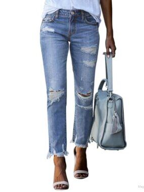 Ripped Straight Leg Distressed Boyfriend Jeans High Rise Stretch Denim